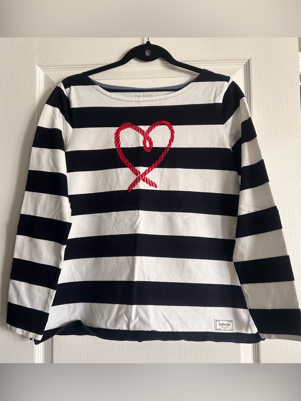 Talbots Navy and White Striped Long-Sleeve Top with Red Rope Heart